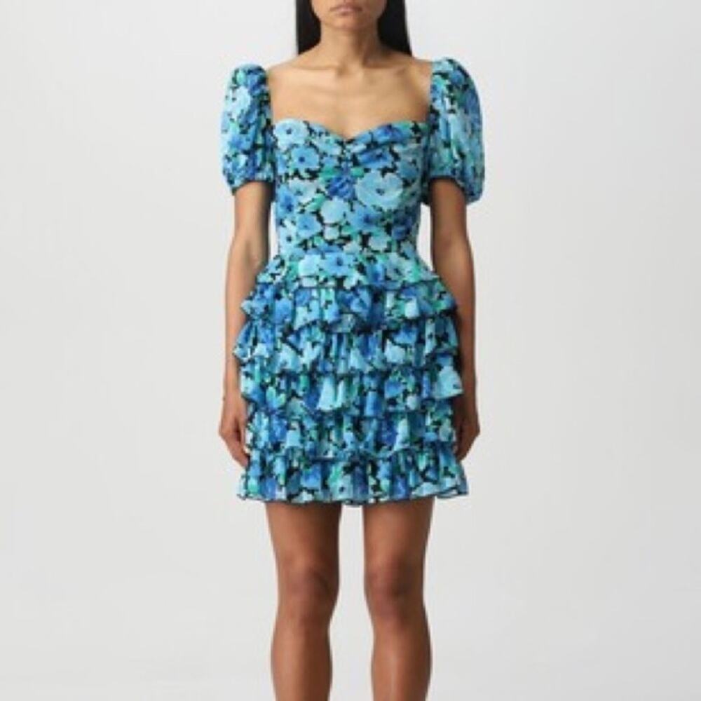 Rotate Birger Christensen Ibiza Blue Floral Chiffon Ruffle Dress Size 8